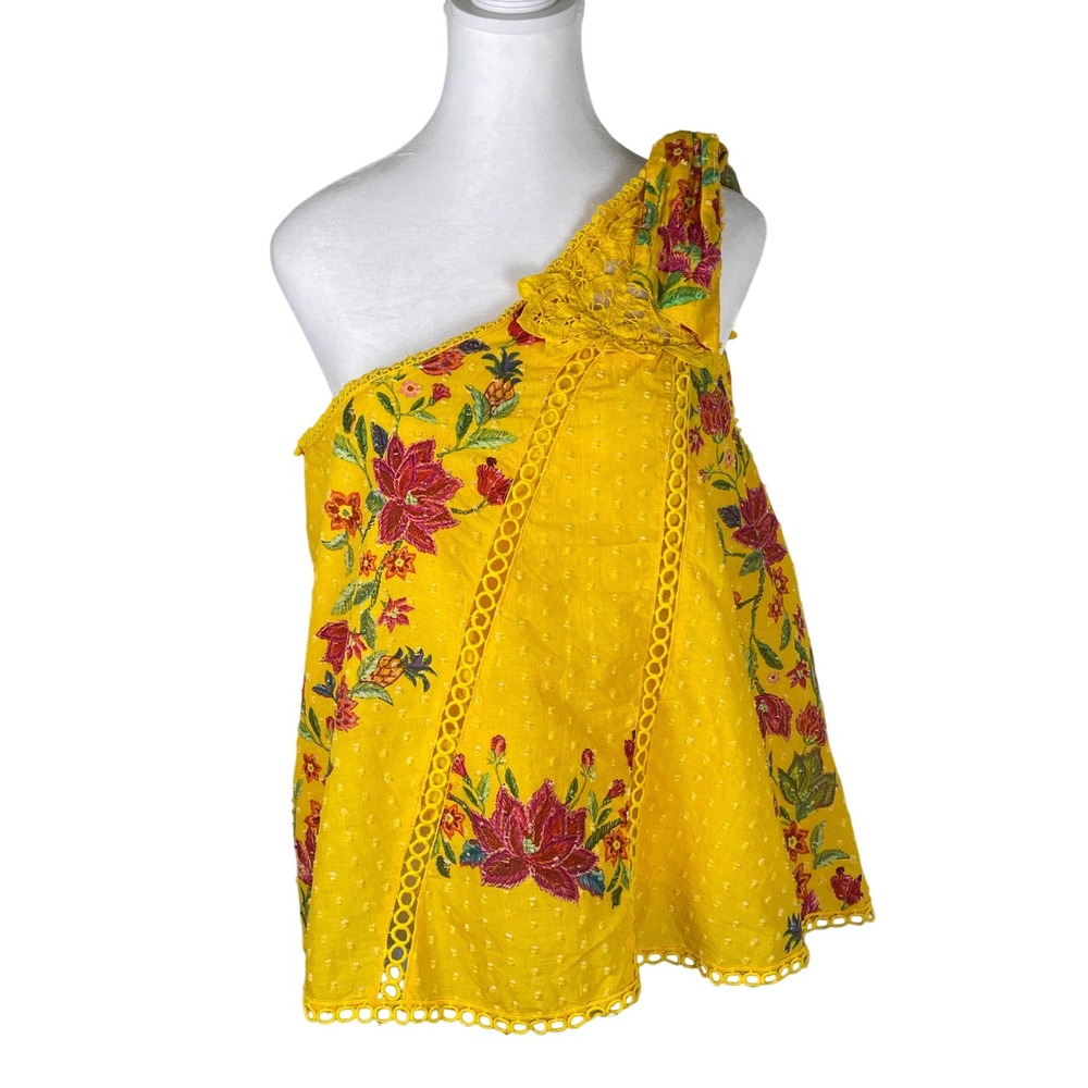 Farm Rio One Shoulder Top Womens Medium Yellow Excellent Floral Embroidered Lace